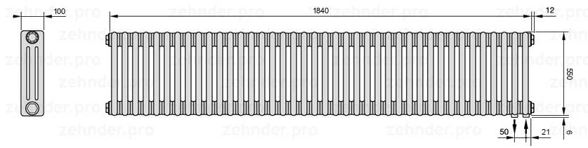 Схема (чертеж) Радиатор Zehnder Charleston 3055/40 №5510 Белый глянцевый RAL 9016